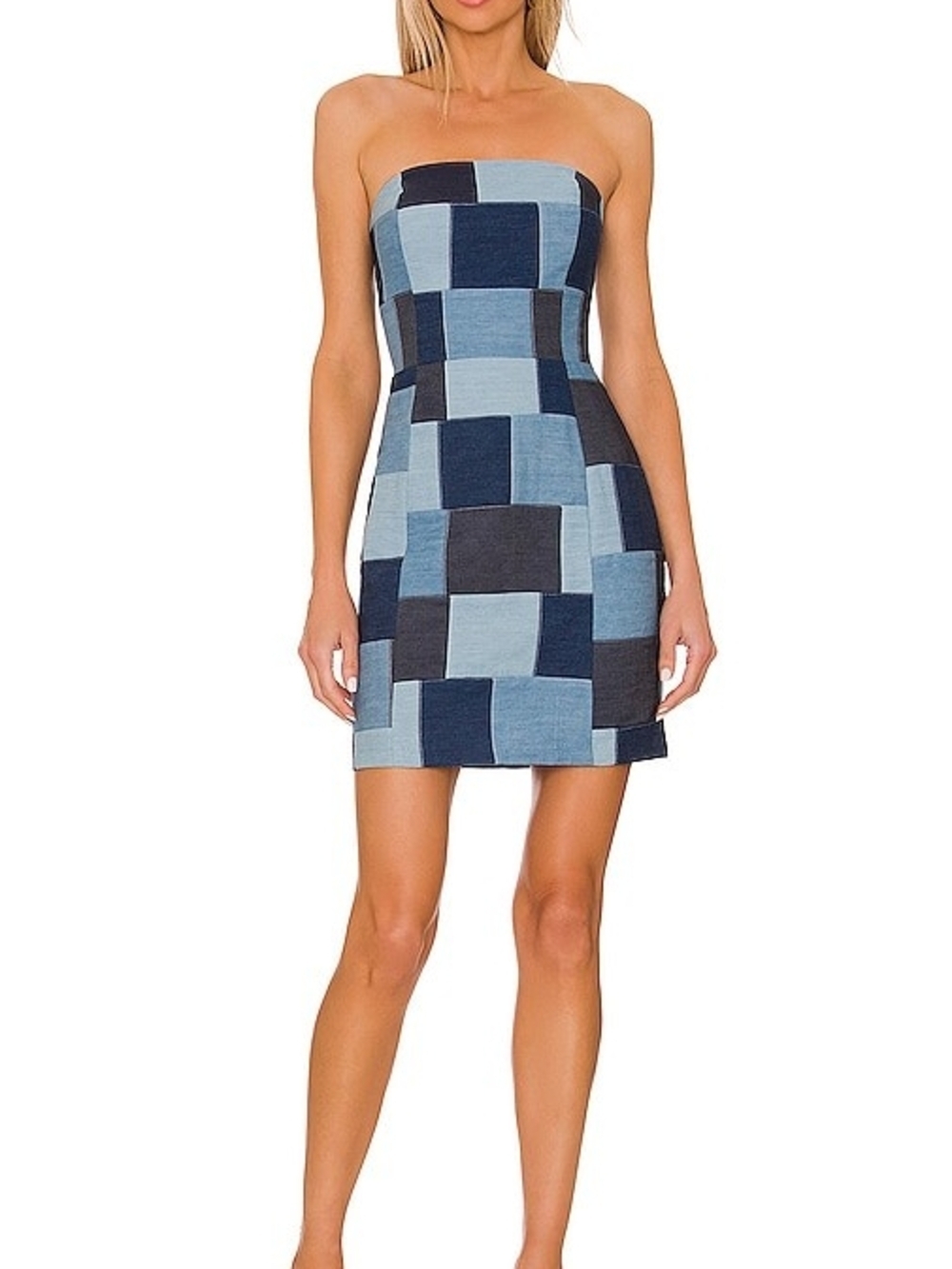 Amanda Uprichard Mandy Patchwork Strapless Mini Dress Blue Multi Cotton Small